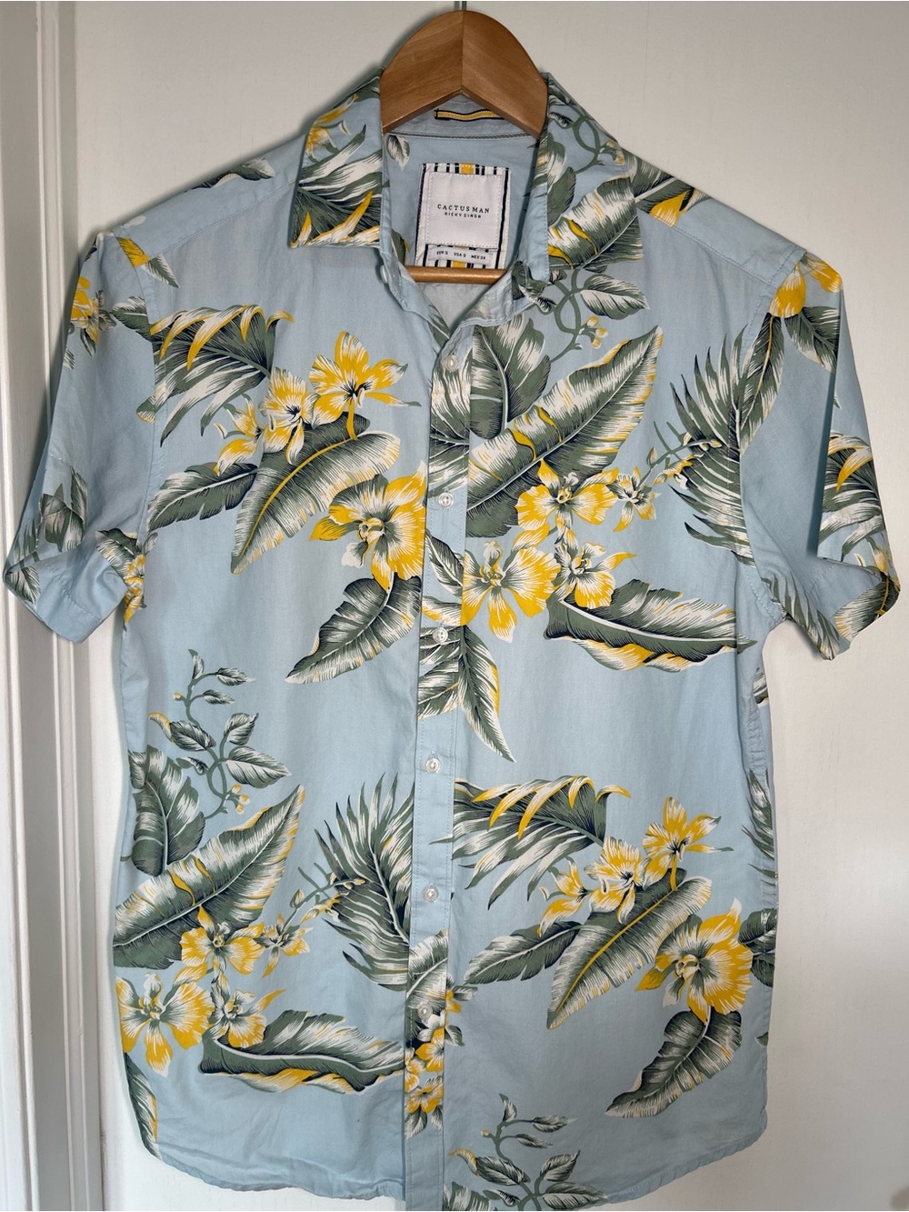 Cactus Man Ricky Singh Hawaiian Shirt with Yellow & Green Floral Print (S)